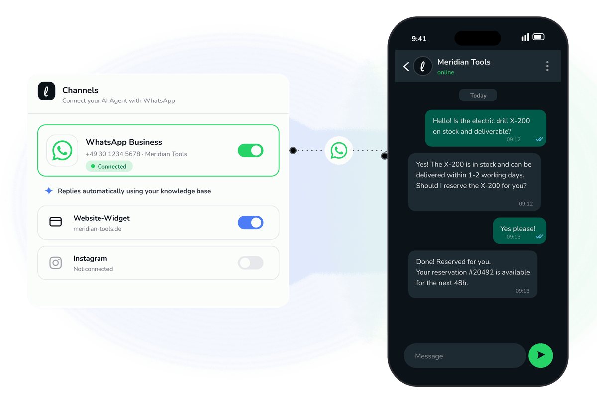 WhatsApp Business connected as a Leezy channel with an automated customer conversation on a phone