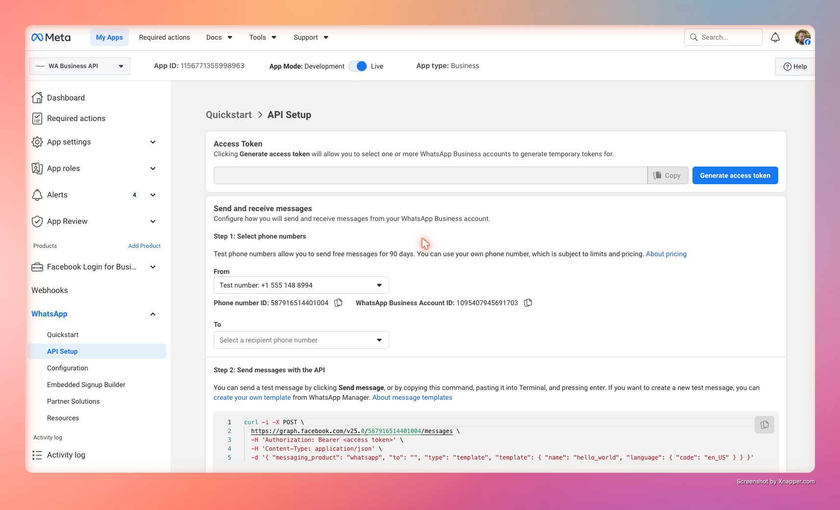 Bildschirm „WhatsApp API Setup"