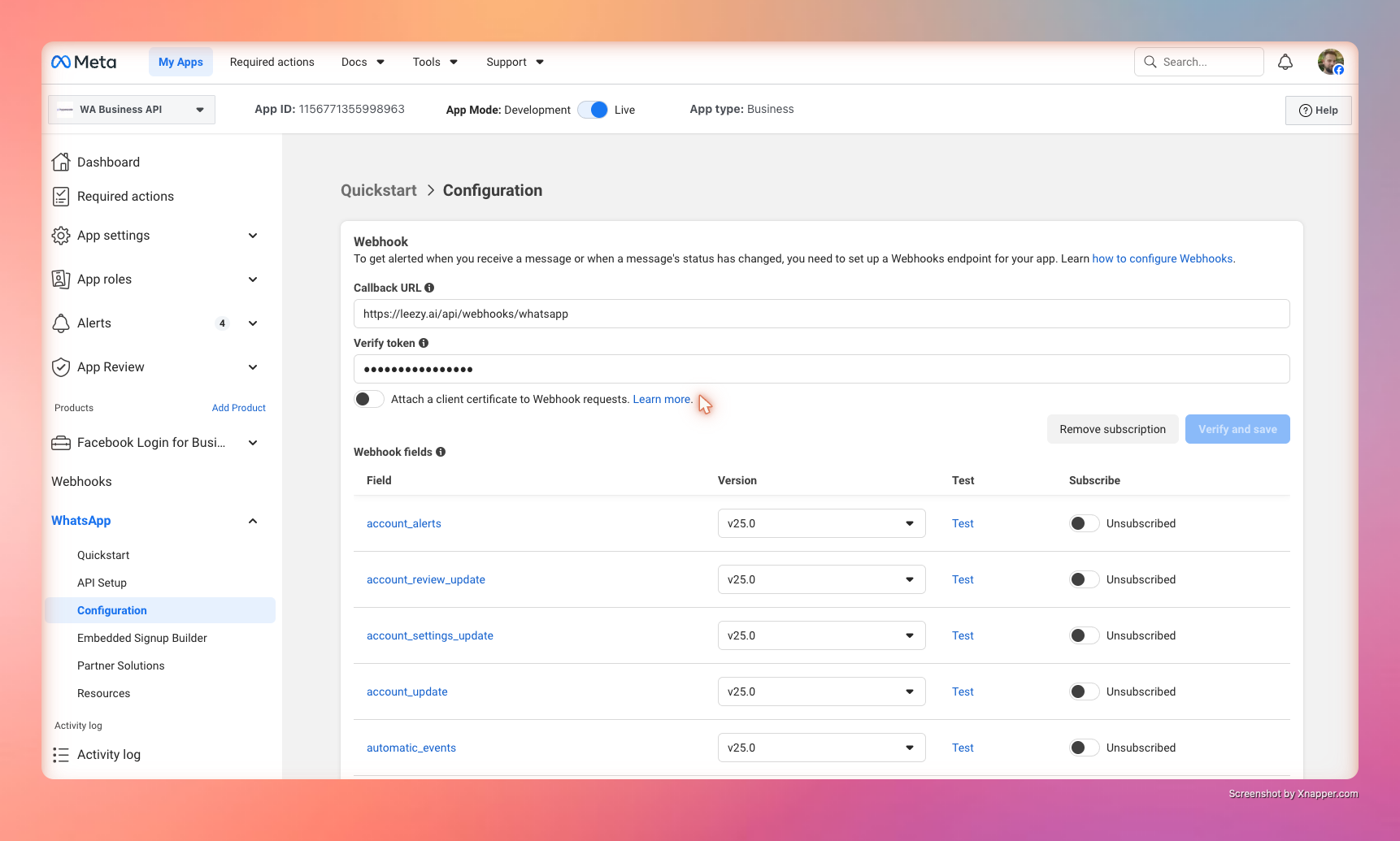 Webhook-Konfiguration bei Meta