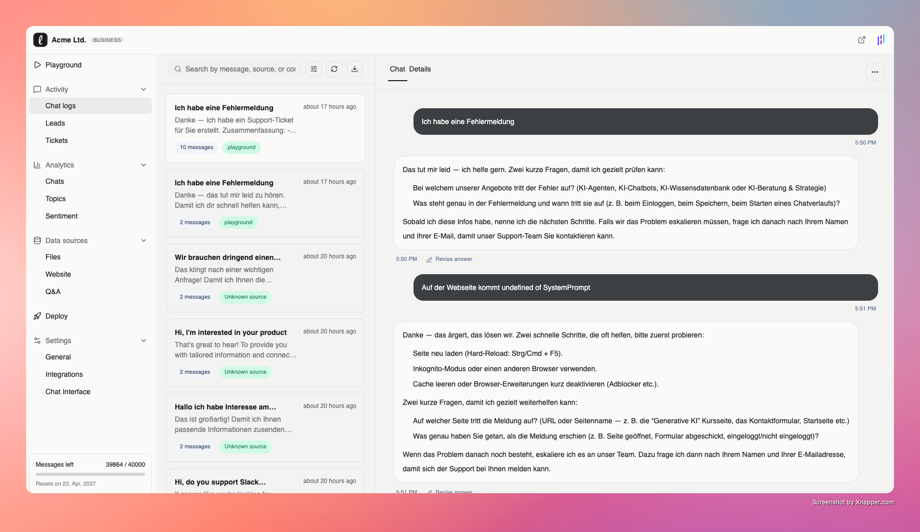 Chat-Logs mit Konversationsliste links und vollständigem Thread rechts, inklusive Revisionsfunktion.