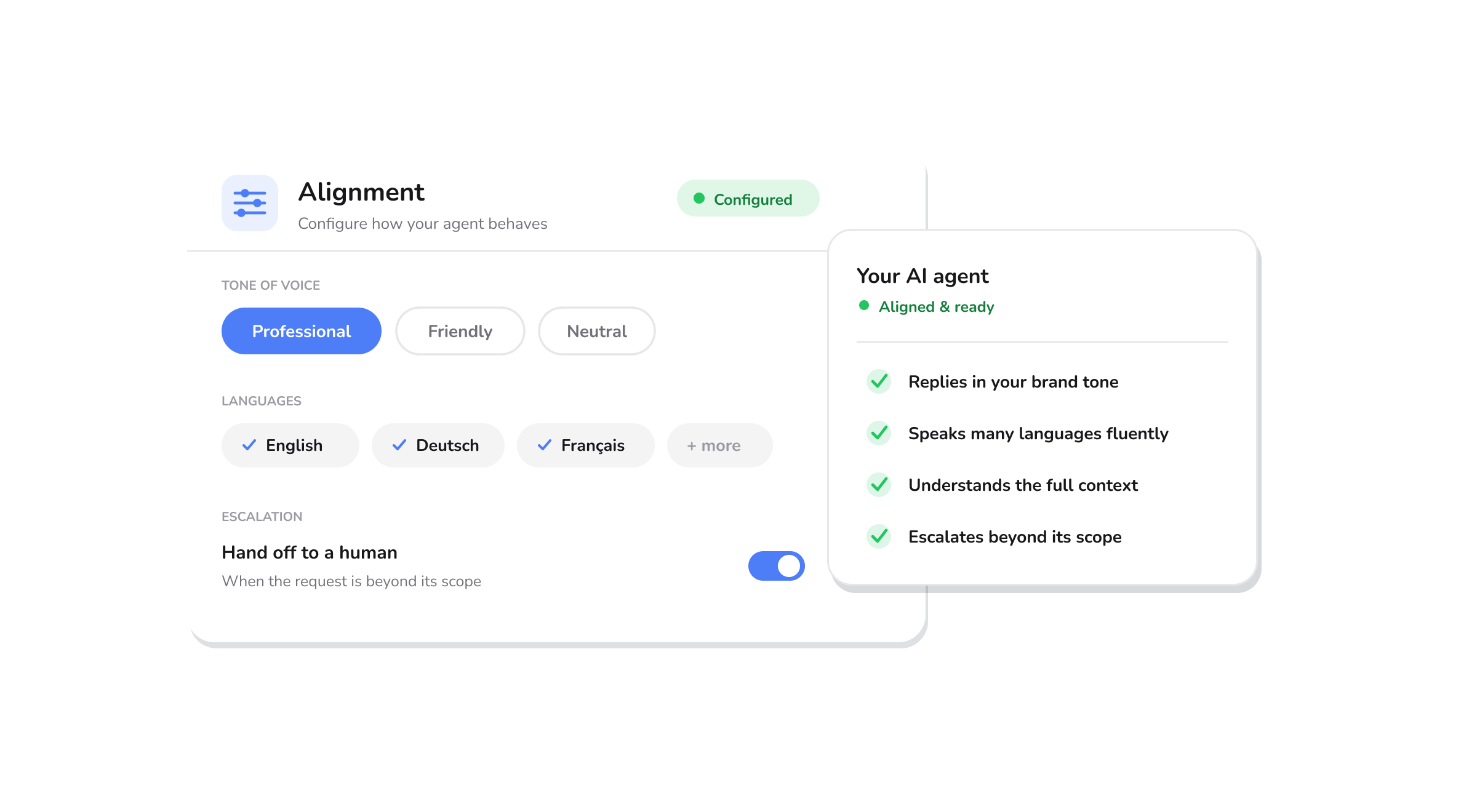 An AI agent is configured with tone, languages, and escalation rules