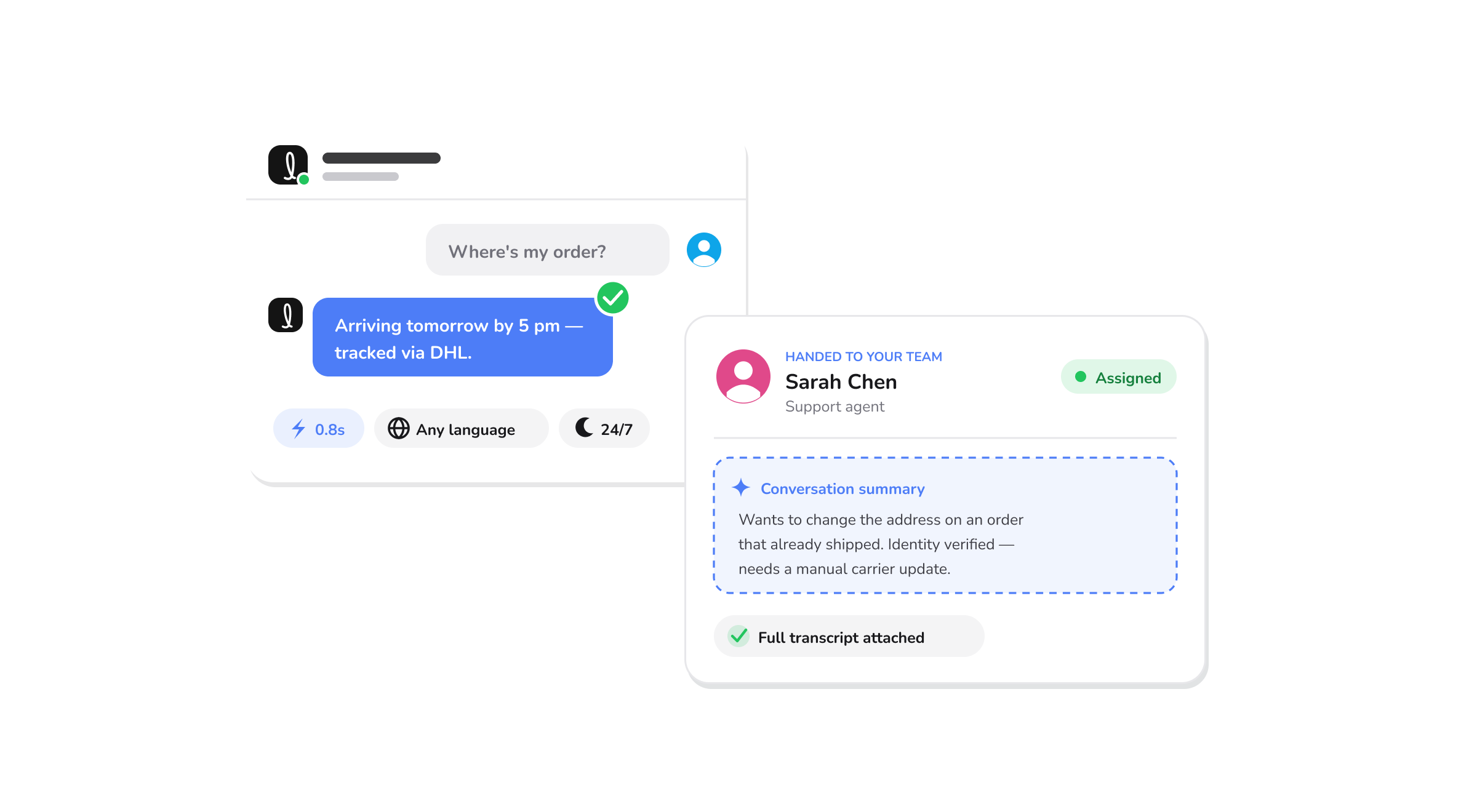 An AI support agent answers a customer's order question instantly, then hands the conversation to a human teammate with a full summary