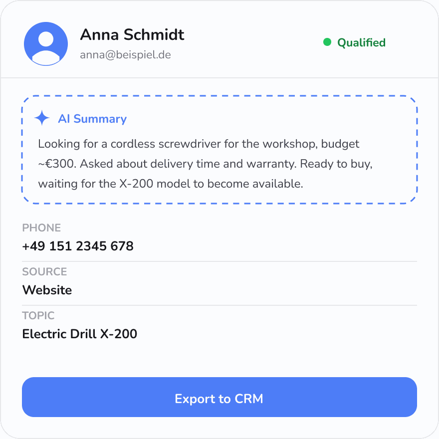 A qualified lead card with contact details, an AI-generated conversation summary, phone number, and source
