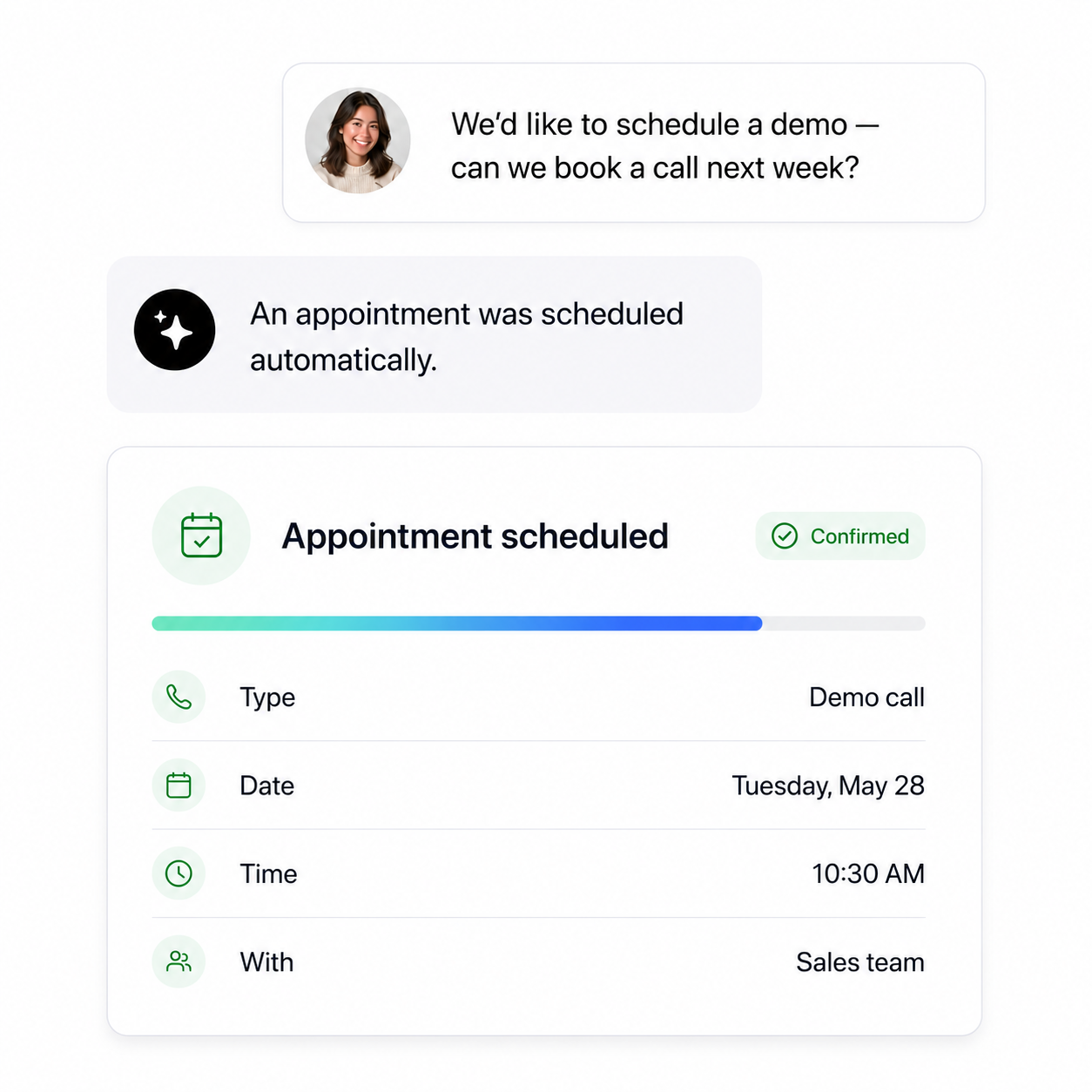 Inbound prospect message 'We'd like to schedule a demo, can we book a call next week?', the agent automatically schedules a demo call on Tuesday, May 28 at 10:30 AM with the sales team and confirms the appointment