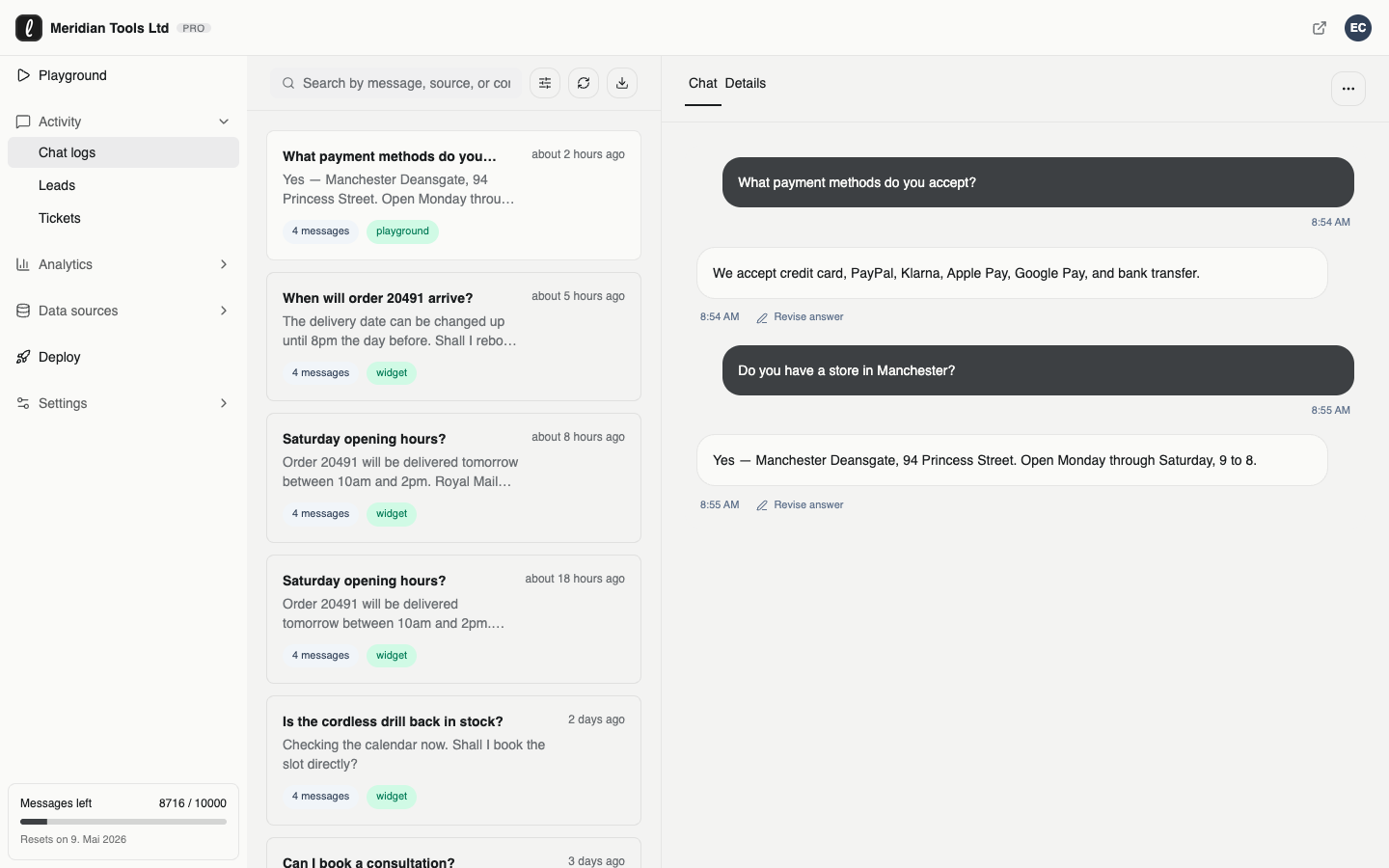 An AI support agent answering a customer question, trained on a startup's own documentation