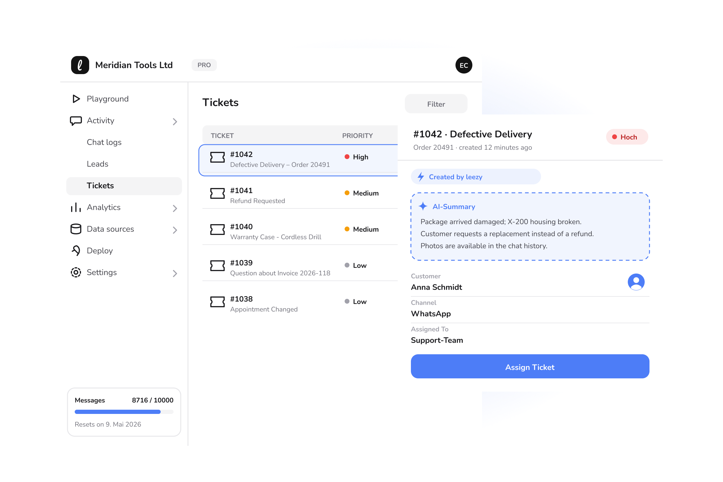 A support ticket in the leezy studio with an AI summary, assigned to a human team to take over