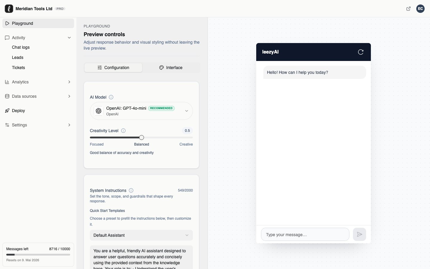 Leezy playground showing AI model selector, creativity slider, and system instructions on the left next to a live chat widget preview on the right.