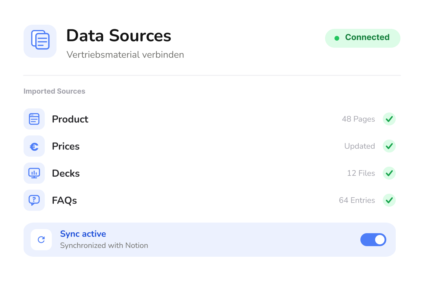 leezy-Wissensquellen mit verbundenem Notion-Workspace und hochgeladenen Dokumenten