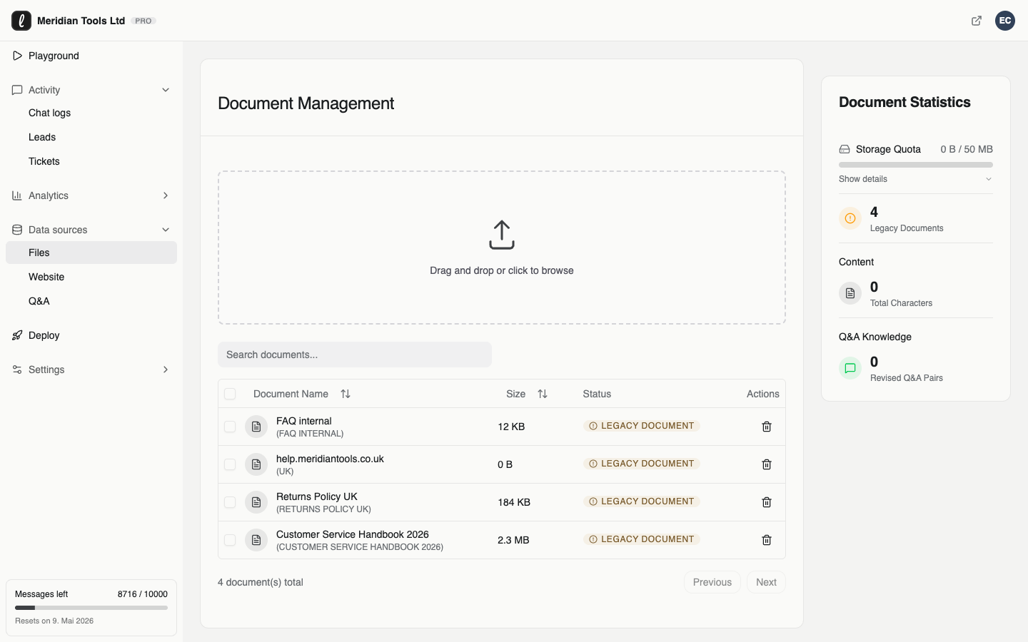 leezy knowledge sources screen with a connected Notion workspace and uploaded documents