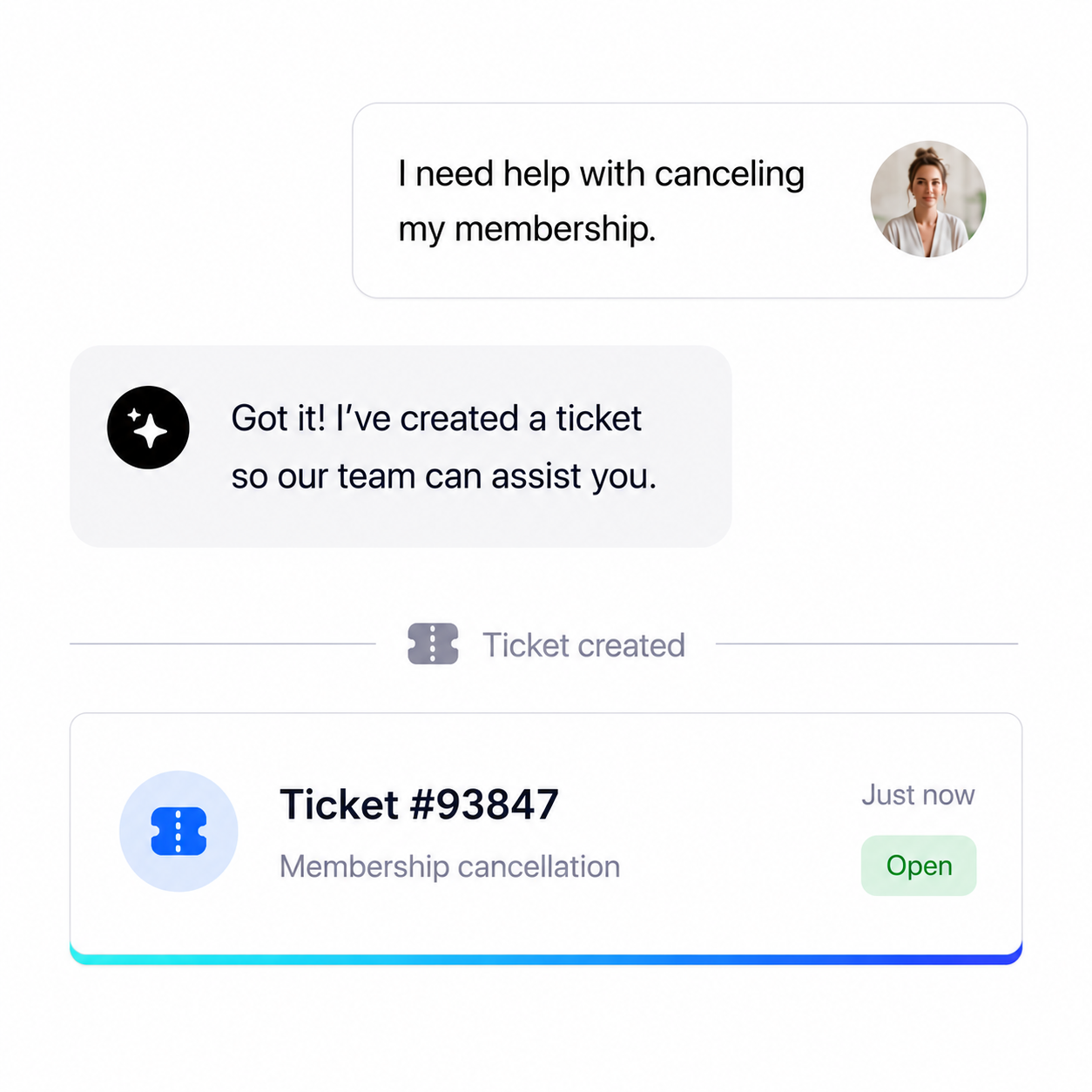 Customer message 'I can't access my account, can you help?', the agent identifies the issue and automatically creates support ticket #241 for the login problem, opened just now