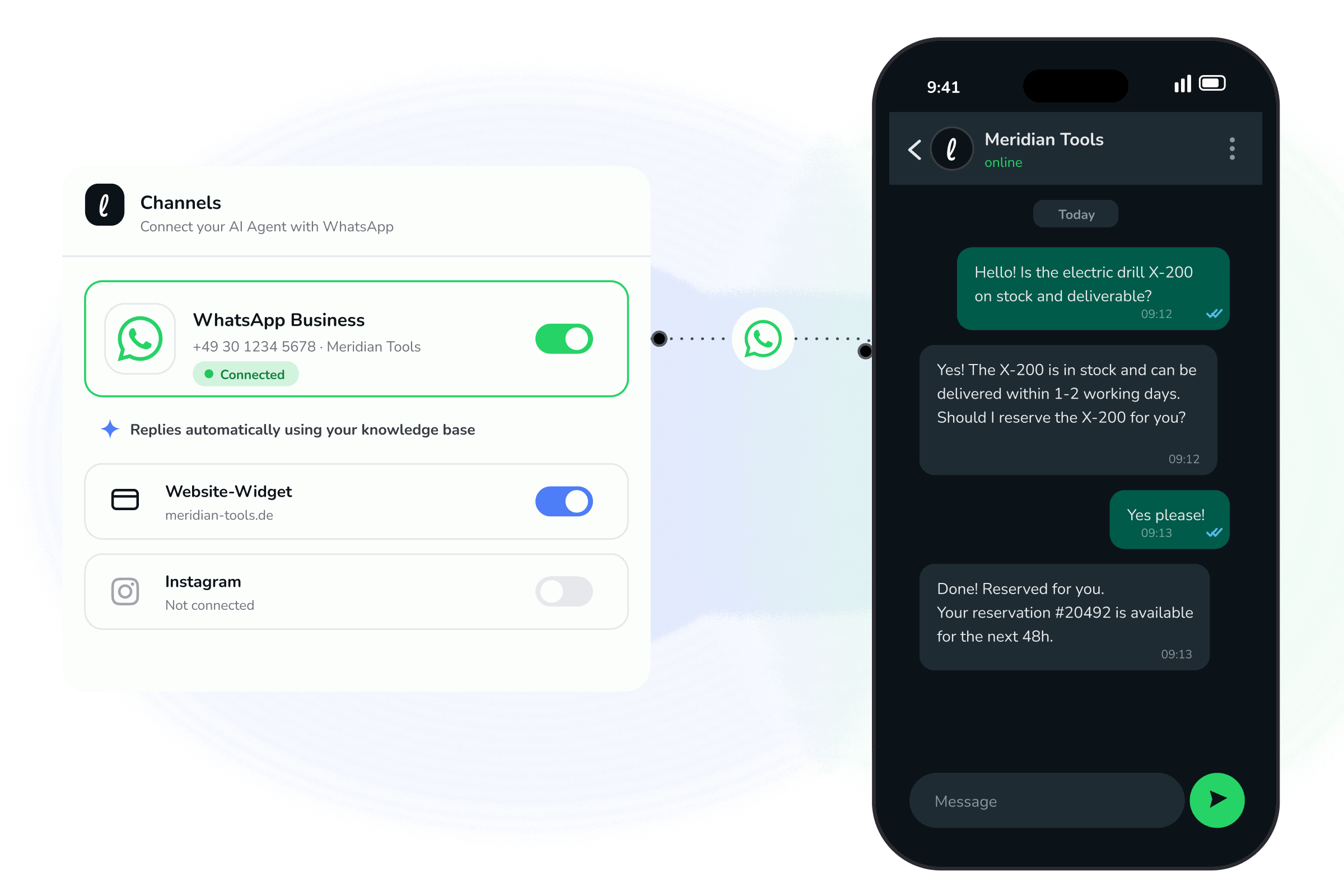 leezy channel settings with WhatsApp Business connected, next to a WhatsApp conversation on a phone