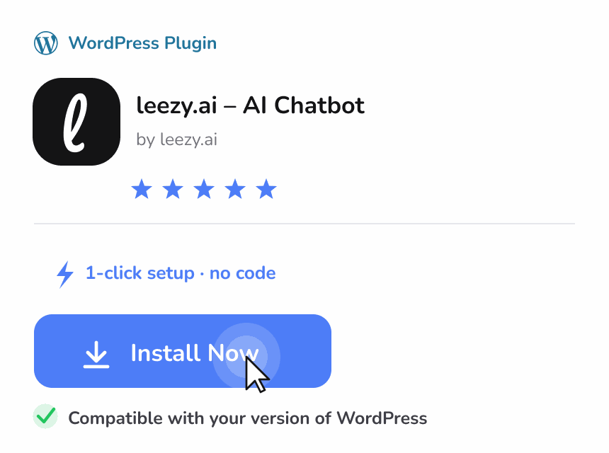 Enlarged preview of the leezy AI Chatbot plugin card as shown in the WordPress plugin directory, with a short feature checklist