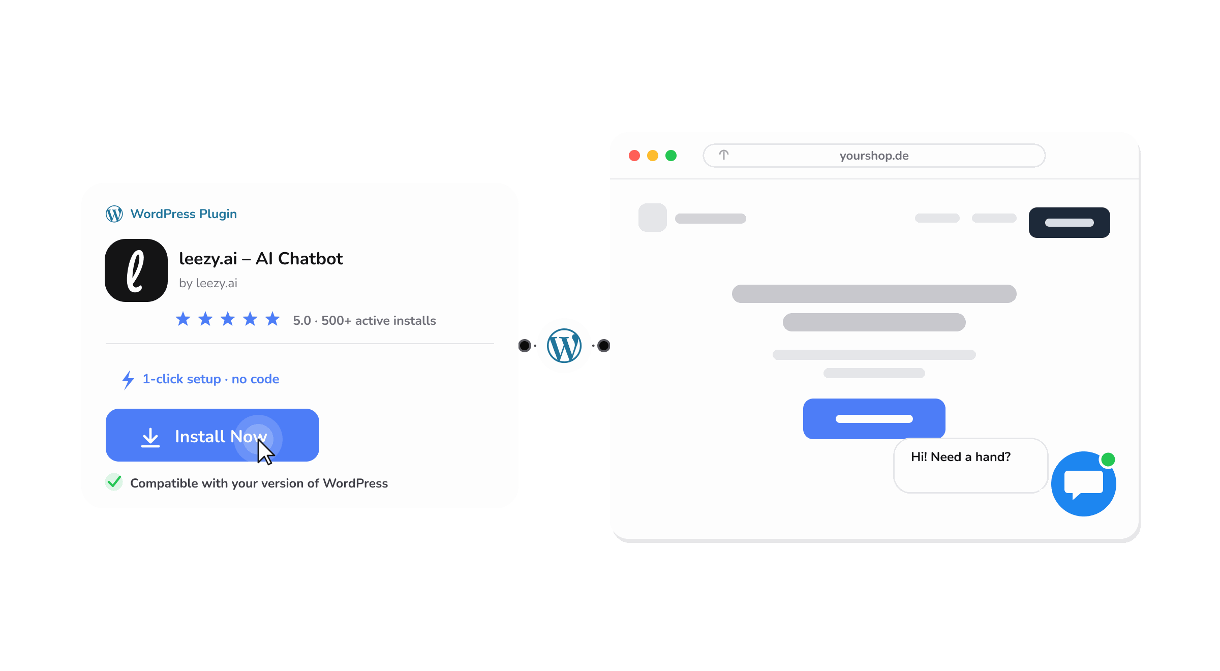 The leezy.ai plugin install card connected to a live website where the chat widget is open